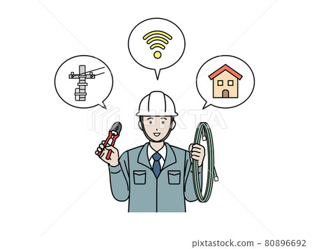 Internet opening work, witnessing explanation, electrician, man wearing work clothes, illustration material 80896692