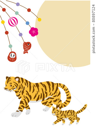 2022年老虎和虎斑貓的新年賀卡插圖 80897124