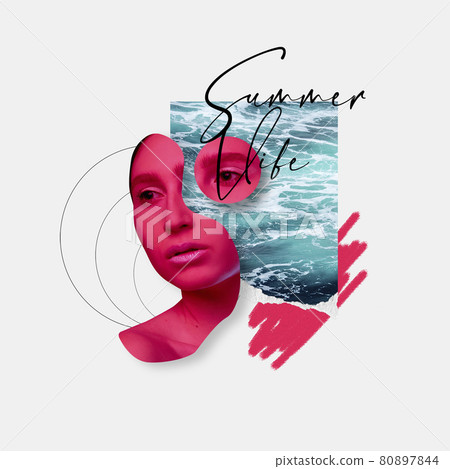 Female face on abstract color summer background. Copyspace to text. Modern design. Art pop collage Female face on abstract color summer background. Copyspace to text. Modern design. Art pop collage 80897844