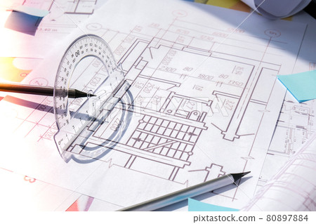A pencil with a protractor. Architectural Project drawings with tools. Architects workplace. Engineering Interior designer's working table 80897884