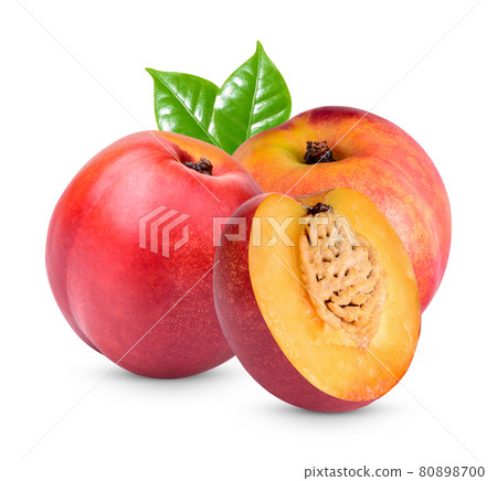 Nectarine with leaves isolated on white background Nectarine with leaves isolated on white background 80898700
