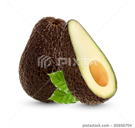 Ripe avocado with leaves isolated on white background Ripe avocado with leaves isolated on white background 80898704