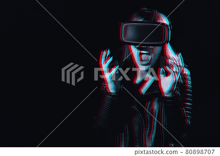 emotional woman in modern glasses for immersive and virtual reality experience emotional woman in modern glasses for immersive and virtual reality experience 80898707