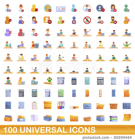 100 universal icons set, cartoon style 80899484