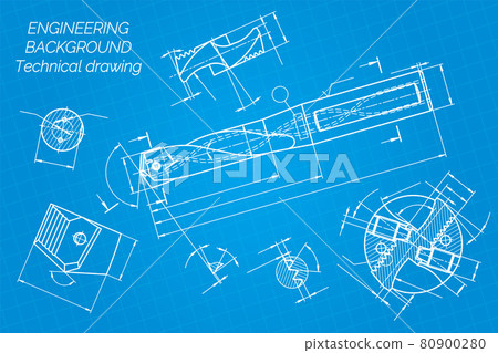 Mechanical engineering drawings on blue background. Drill tools, borer. Technical Design. Cover. Blueprint. Vector illustration. Mechanical engineering drawings on blue background. Drill tools, borer. Technical Design. Cover. Blueprint. Vector illustration. 80900280