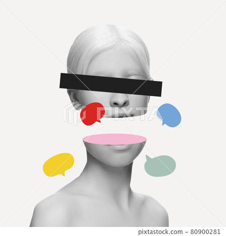 Artwork. Close-up young woman's split face, head with social media signs isolated on light background. Human emotion, split personality, mental problems concept. Artwork. Close-up young woman's split face, head with social media signs isolated on light background. Human emotion, split personality, mental problems concept. 80900281