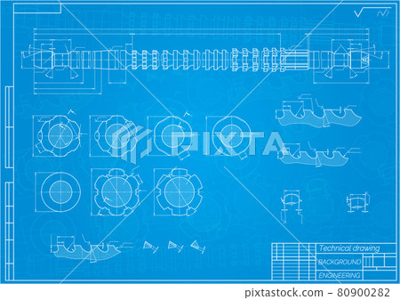 Mechanical engineering drawings on blue background. Broach. Technical Design. Cover. Blueprint. Vector illustration. Mechanical engineering drawings on blue background. Broach. Technical Design. Cover. Blueprint. Vector illustration. 80900282