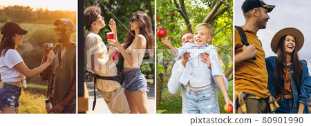 Composite image of photos of young men and women, father and son walking together in summer time. Lifestyle, friendship, nature, love Composite image of photos of young men and women, father and son walking together in summer time. Lifestyle, friendship, nature, love 80901990
