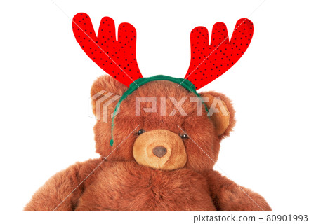 Teddy bear in christmas deer hat, isolated on white background. 80901993