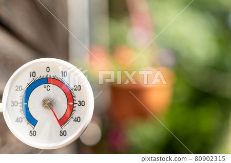 Outdoor thermometer shows extreme hot summer temperature Outdoor thermometer shows extreme hot summer temperature 80902315