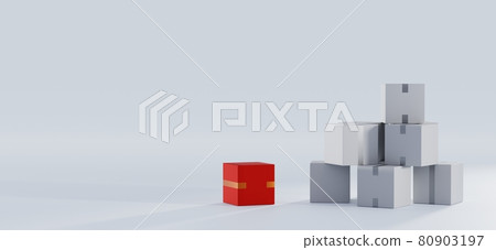 Pile stacked sealed cardboard boxes. Square carton closed, red gift box, gray packaging for storage, shipping or delivery parcels isolated on grey background. Realistic illustration, 3d render 80903197