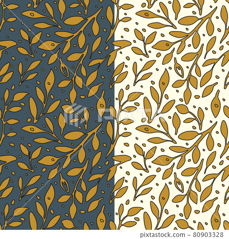 Hand drawn leaf branches seamless pattern. Random gold yellow leaves, dark grey stroke. White, dark blue easy editable color background. Vector Hand drawn leaf branches seamless pattern. Random gold yellow leaves, dark grey stroke. White, dark blue easy editable color background. Vector 80903328