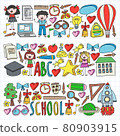 Vector set of Back to School icons in doodle style. Painted, colorful, pictures on a piece of paper on white background. 80903915