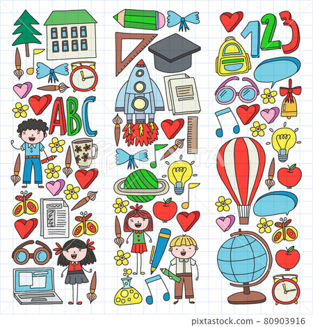 Vector set of Back to School icons in doodle style. Painted, colorful, pictures on a piece of paper on white background. 80903916