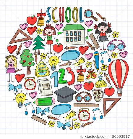 Vector set of Back to School icons in doodle style. Painted, colorful, pictures on a piece of paper on white background. 80903917
