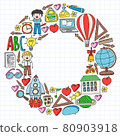 Vector set of Back to School icons in doodle style. Painted, colorful, pictures on a piece of paper on white background. 80903918