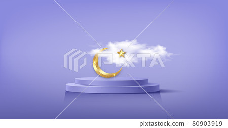 Luxury Islamic Podium with gold crescent moon, traditional islamic symbols. 3D Horizontal Arabic Banner for product showcase, Product presentation, cosmetic, base, ramadan sales, purple background 80903919
