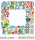 Vector set of Back to School icons in doodle style. Painted, colorful, pictures on a piece of paper on white background. 80903920