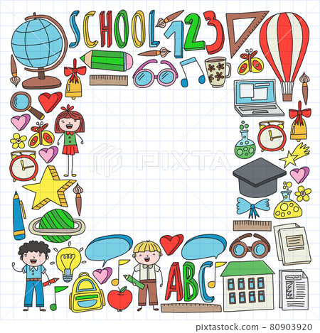 Vector set of Back to School icons in doodle style. Painted, colorful, pictures on a piece of paper on white background. 80903920