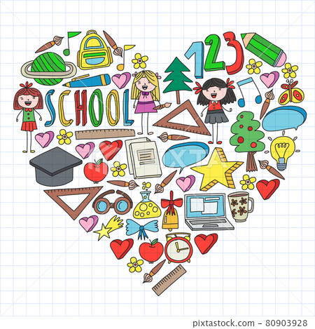 Vector set of Back to School icons in doodle style. Painted, colorful, pictures on a piece of paper on white background. 80903928