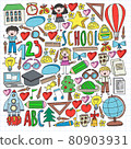 Vector set of Back to School icons in doodle style. Painted, colorful, pictures on a piece of paper on white background. 80903931