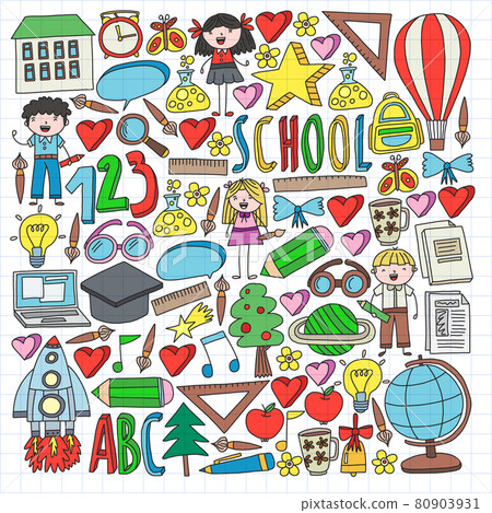 Vector set of Back to School icons in doodle style. Painted, colorful, pictures on a piece of paper on white background. 80903931