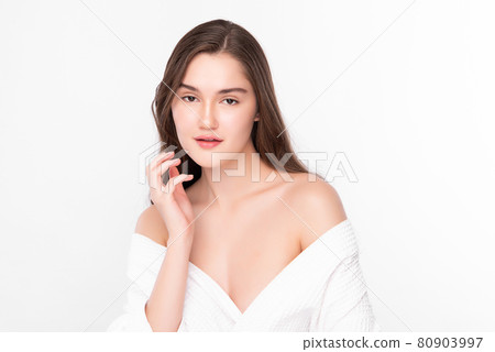 Beautiful young woman with clean fresh skin on white background, Face care, Facial treatment, 80903997