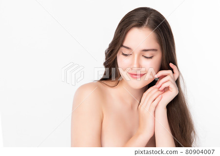 Beautiful young woman with clean fresh skin on white background, Face care, Facial treatment, 80904007