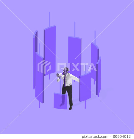 One businessman with megaphone stands surronded by graph columns. Copyspace for ad, offer One businessman with megaphone stands surronded by graph columns. Copyspace for ad, offer 80904012