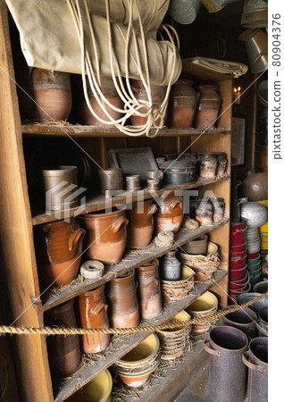 Hartlepool, U.K - July 27, 2021: The National Museum of The Royal Navy , in the North of England. Old ceramic pots 80904376