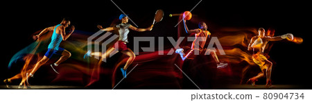 Development of motions of different kinds of sport games. Young men in action isolated over dark background in neon mix colored light. 80904734