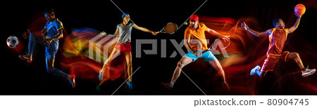 Development of motions of different kinds of sport games. Young men in action isolated over dark background in neon mix colored light. Development of motions of different kinds of sport games. Young men in action isolated over dark background in neon mix colored light. 80904745