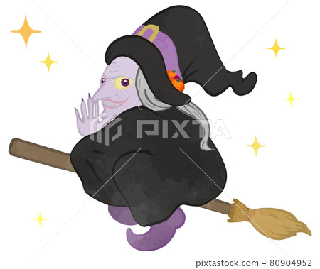Happy Halloween Illustration of a cute witch grandmother riding on a broom and greeting Happy Halloween Illustration of a cute witch grandmother riding on a broom and greeting 80904952
