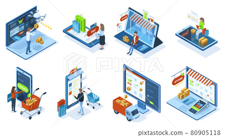 Isometric mobile e-commerce online shopping concept. People make purchases use mobile apps and payment systems vector illustration set. Mobile shopping orders 80905118