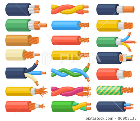 Electrical cable wires flexible electricity equipment. Copper core electrical cable, multicore hardware electrical wires vector illustration set. Electricity cable wires Electrical cable wires flexible electricity equipment. Copper core electrical cable, multicore hardware electrical wires vector illustration set. Electricity cable wires 80905133