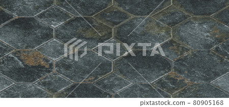 Hexagon paving stones floor. Black rock texture background. 3D Rendering illustration. 80905168