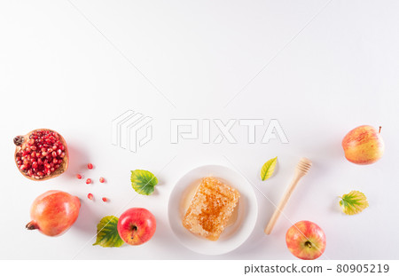 Rosh hashanah (jewish New Year holiday), Concept of traditional or religion symbols on white background. Rosh hashanah (jewish New Year holiday), Concept of traditional or religion symbols on white background. 80905219