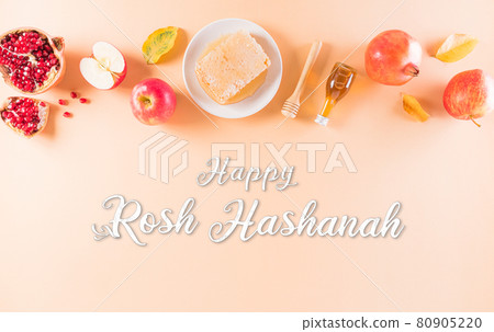 Rosh hashanah (jewish New Year holiday), Concept of traditional or religion symbols with the text on pastel background. Rosh hashanah (jewish New Year holiday), Concept of traditional or religion symbols with the text on pastel background. 80905220