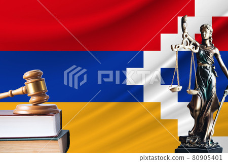 Law and justice in Nagorno-Karabakh Republic. Statue of themis and the gavel of the judge against the background of the flag of Nagorno-Karabakh Republic. Law and justice concept Law and justice in Nagorno-Karabakh Republic. Statue of themis and the gavel of the judge against the background of the flag of Nagorno-Karabakh Republic. Law and justice concept 80905401