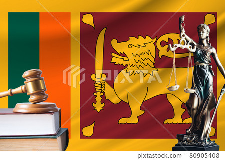 Law and justice in Sri Lanka. Statue of themis and the gavel of the judge against the background of the flag of Sri Lanka. Law and justice concept Law and justice in Sri Lanka. Statue of themis and the gavel of the judge against the background of the flag of Sri Lanka. Law and justice concept 80905408