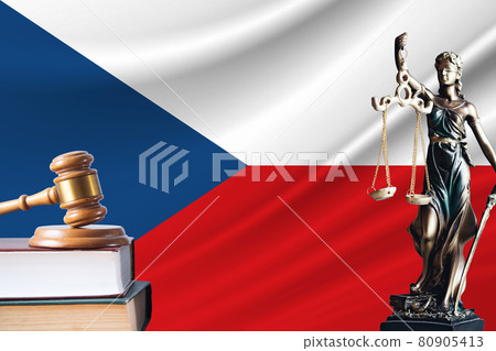 Law and justice in Czech Republic. Statue of themis and the gavel of the judge against the background of the flag of Czech Republic. Law and justice concept 80905413