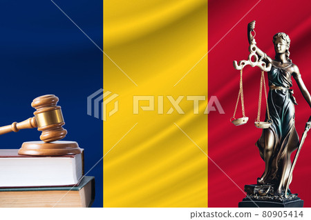 Law and justice in Chad. Statue of themis and the gavel of the judge against the background of the flag of Chad. Law and justice concept 80905414