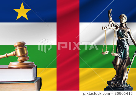 Law and justice in Central African Republic. Statue of themis and the gavel of the judge against the background of the flag of Central African Republic. Law and justice concept 80905415