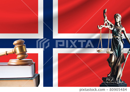 Law and justice in Norway. Statue of themis and the gavel of the judge against the background of the flag of Norway. Law and justice concept Law and justice in Norway. Statue of themis and the gavel of the judge against the background of the flag of Norway. Law and justice concept 80905484