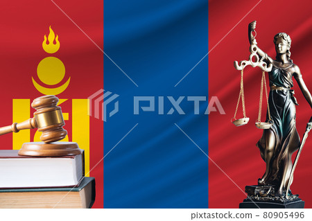 Law and justice in Mongolia. Statue of themis and the gavel of the judge against the background of the flag of Mongolia. Law and justice concept Law and justice in Mongolia. Statue of themis and the gavel of the judge against the background of the flag of Mongolia. Law and justice concept 80905496