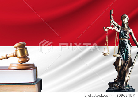 Law and justice in Monaco. Statue of themis and the gavel of the judge against the background of the flag of Monaco. Law and justice concept Law and justice in Monaco. Statue of themis and the gavel of the judge against the background of the flag of Monaco. Law and justice concept 80905497