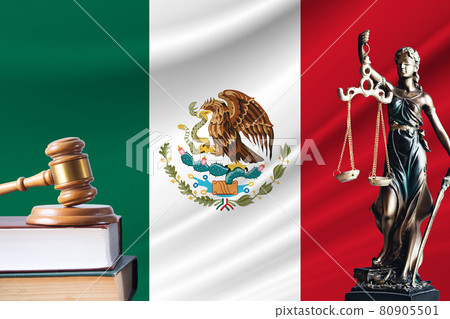 Law and justice in Mexico. Statue of themis and the gavel of the judge against the background of the flag of Mexico. Law and justice concept Law and justice in Mexico. Statue of themis and the gavel of the judge against the background of the flag of Mexico. Law and justice concept 80905501