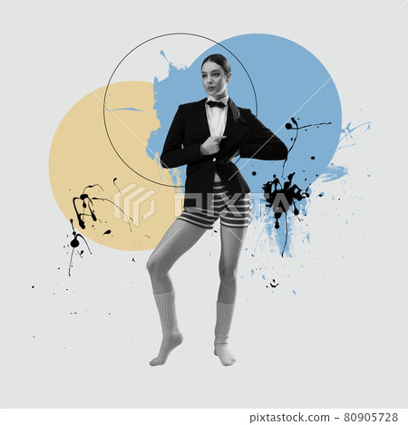 Combination of styles. Minimal art collage. One bw female fashion model in swimming trunks and classic jacket Combination of styles. Minimal art collage. One bw female fashion model in swimming trunks and classic jacket 80905728