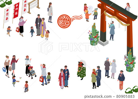 2022 New Year's card isometric New Year's New Year's visit people illustration 80905883