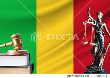 Law and justice in Mali. Statue of themis and the gavel of the judge against the background of the flag of Mali. Law and justice concept Law and justice in Mali. Statue of themis and the gavel of the judge against the background of the flag of Mali. Law and justice concept 80905931